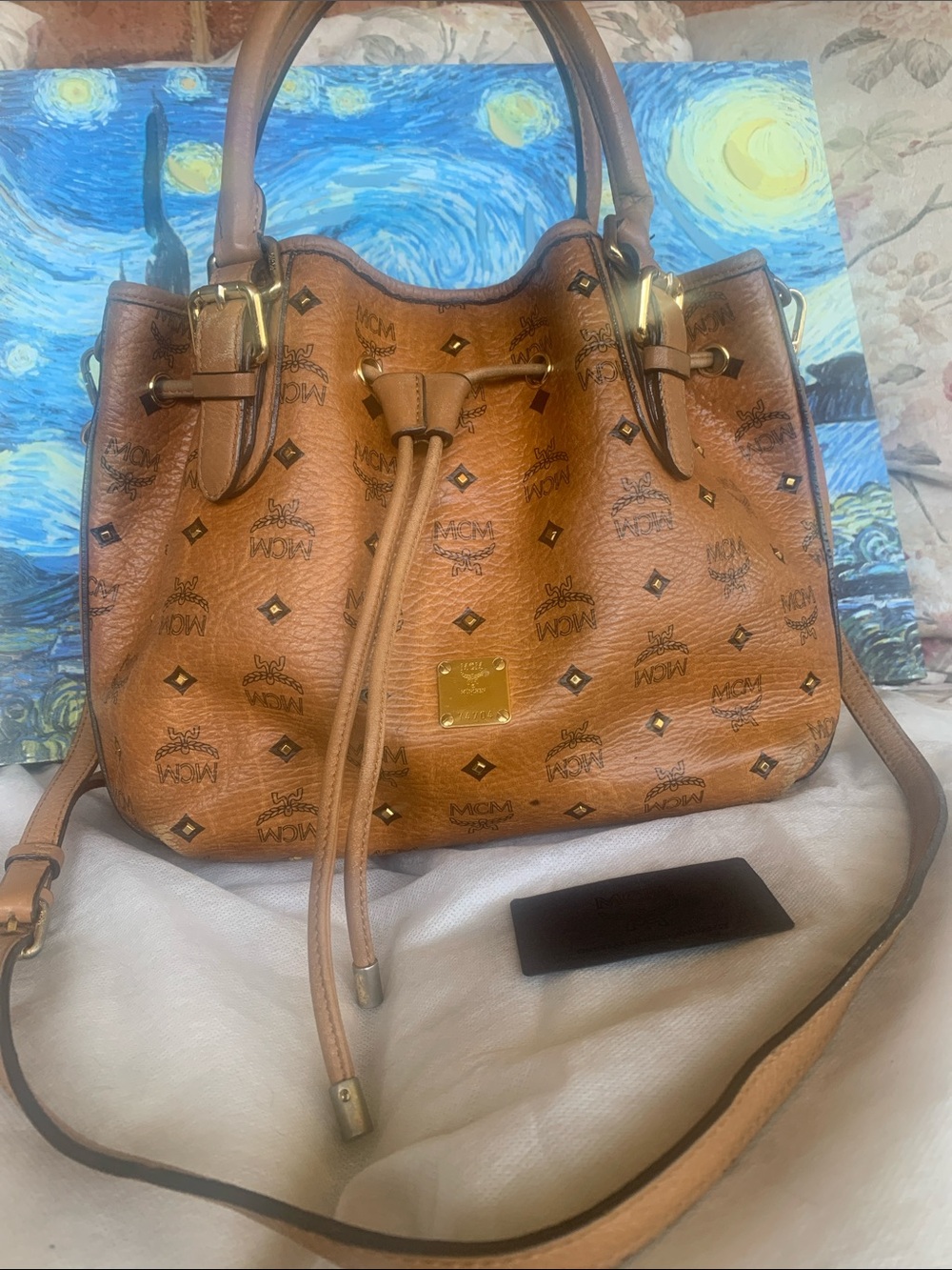 MCM Cognac Visetos Drawstring Bucket Crossbody bag with Authenticity card